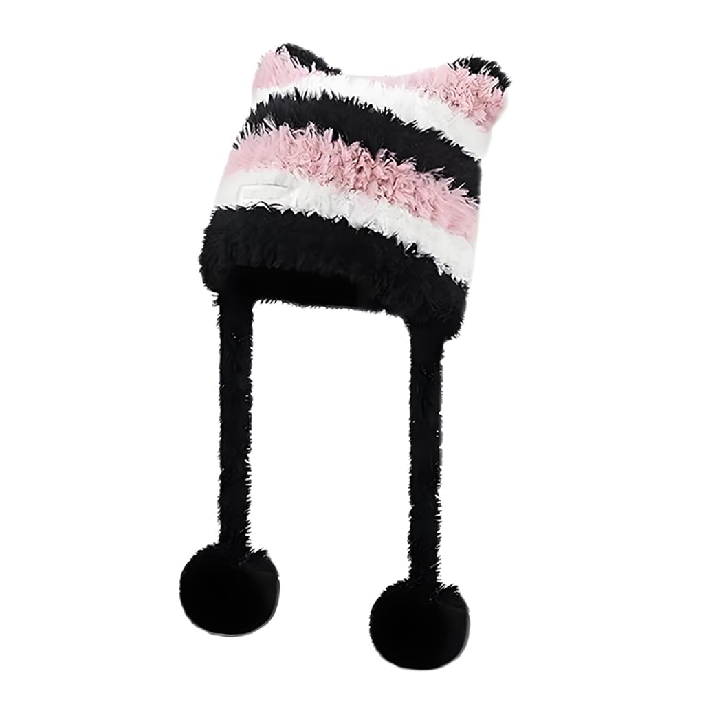 SANNIDHI® Cat Ear Plush Hat Winter Knitted Warm Hat for Women Girls Stylish Pink and Black Striped Cat Ear Hat with Pom-pom Ornament