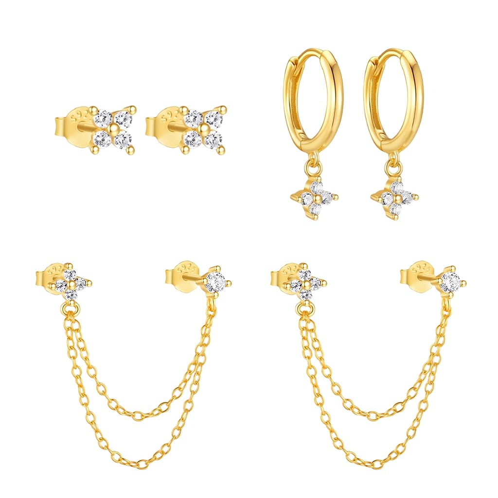 SANNIDHI Earrings Set for Women featuring 3 Pairs Zircon Stud Hoop and Chain Styles | Hypoallergenic Gold Jewelry