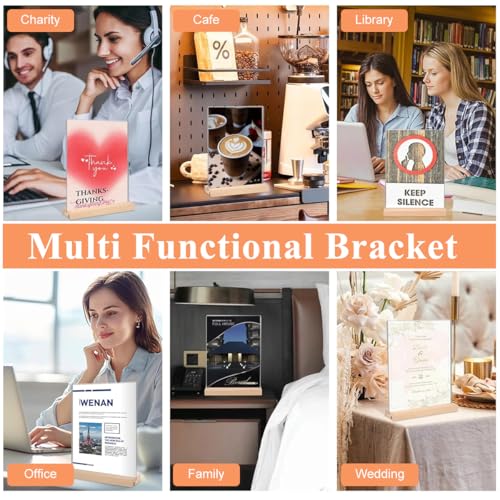 Climberty® 6PCS Sign Holder with Reversable Wooden Base A5 Clear Acrylic Display 2 in 1 Stand for Tilted Vertical Reception Bar Restaurant