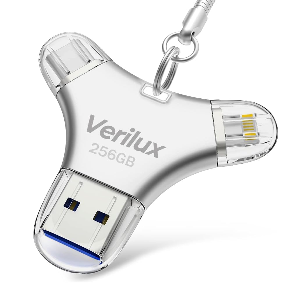 Verilux® Pendrive 256GB 4 in 1 Flash Drive with Light-ning, Micro USB, USB A, Type-C Interface Mini Hangable PenDrive for iOS & Android Compatible with iPhone