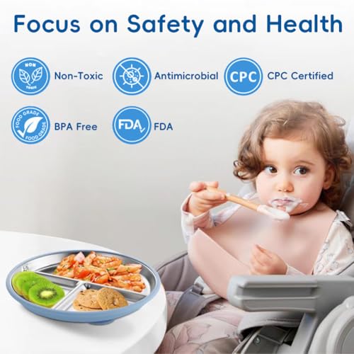 HASTHIP® Kids Food Plate with Suction Cups 9 Inch Round 3-Compartment Stainless Steel for Toddlers Self-Feeding Training Anti-flip Shallow Breakfast Bread Snack 2PCS