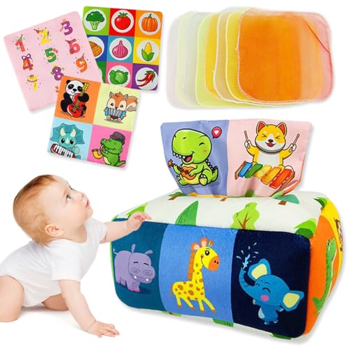 PATPAT® Soft Tissue Box Toy for Baby 6 to 18 Months Cartoon Cloth Tissue Box Montessori Toy Crinkle Sensory Toy Activity Toy with 8Pcs Sheer Tissues & 3Pcs Double Sided Crinkle Fabric Tissues