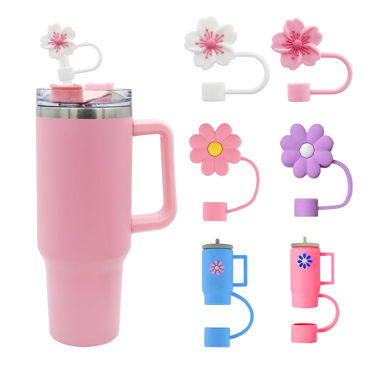 ZIBUYU Straw Cap for Stanley Cup featuring Anti Lost Loop and 6pcs Soft Silicone Tips | Cute Floral Dustproof Covers for 10mm Straws