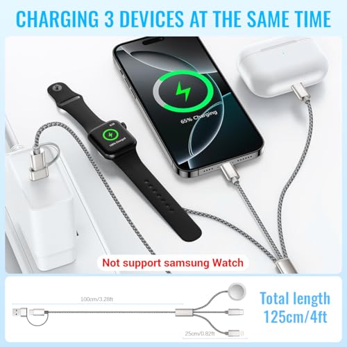 ZORBES® 3 in 2 USB C Cable for iPhone 16 Charger Type Lightning Multi Charging with Apple Watch for Portable Travel Essentials iWatch Ultra SE 10 12 4FT 2PCS