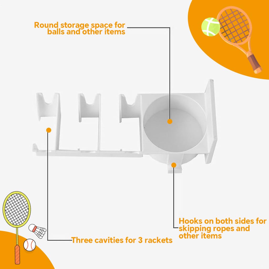Proberos Badminton Racket Holder for Wall Mount Storage with 3 Slots & Dual Hooks | ABS Organizer for Home or Gym