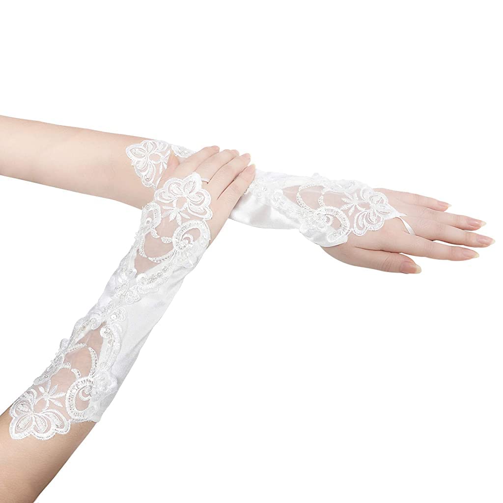 PALAY Women Lace Gloves for Wedding and Party with Bowknot Rhinestone Cuffs | White Bridal Fingerless Tulle