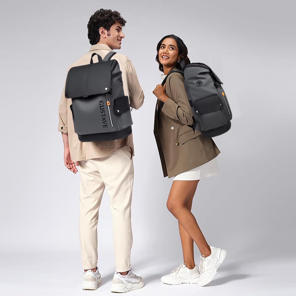 GUSTAVE Leather Backpack for Men with USB & Earphone Ports 15.6 Inch Waterproof Laptop Bag | Dark Gray Business and College Use