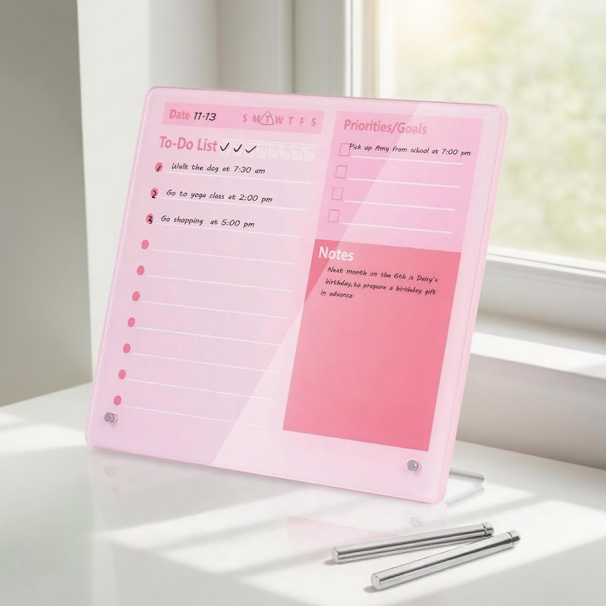 OFIFO Compact Desktop Dry Erase Board for Home and Office with 12x10 in Thickened Acrylic | Pink Memo Planner