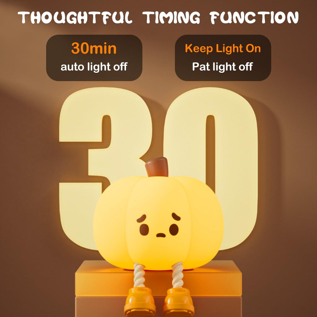 Verilux® LED Pumpkin Man Night Light Home Decor Silicone Pumpkin Man Night Light with 30 mins Auto Off Yellowish Cute Halloween Desk Illuminated Decoration USB Rechargeable LED Kids Room Night Light