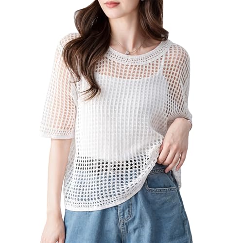 SANNIDHI® Knit Crochet Top for Women Fashion Knitted Cover Up Short Sleeve Hollow Out See Through Top Loose Fit Casual Top Pullover Cover