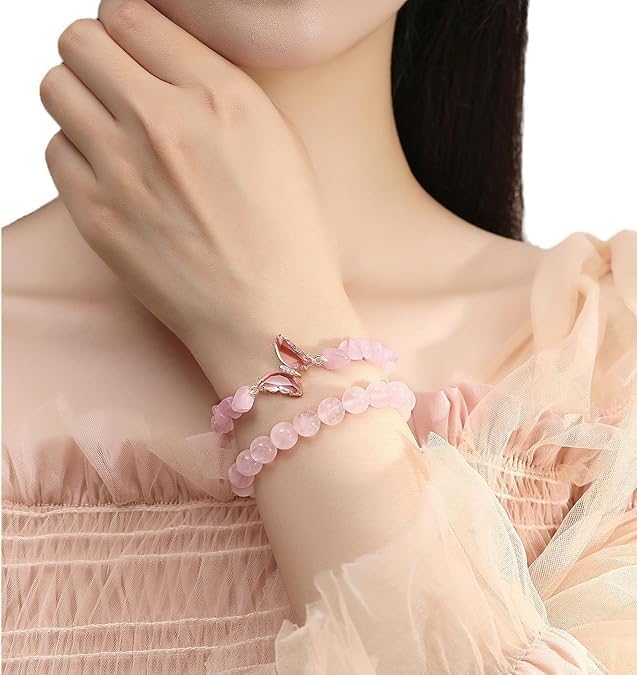 SANNIDHI Amethyst Bracelet for Women with Butterfly Charm and Pink Crystal Beads | Stretchable Layered Design