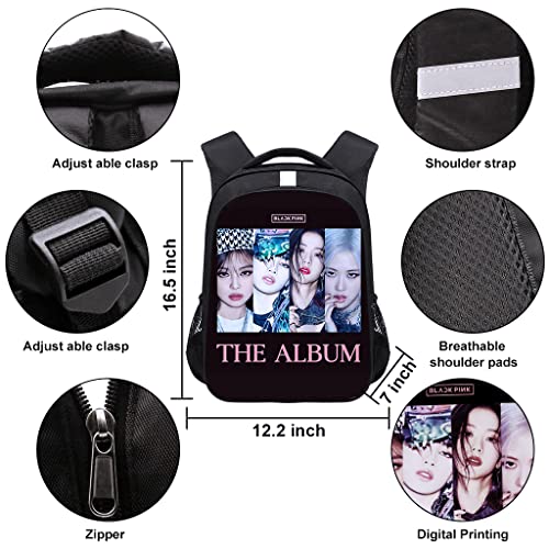 PALAY® Blackpink Bag for Girls, Blackpink Kpop Theme Prints School Backpack, Blackpink Laptop Backpack, Large Capacity College School Bag for Boys Girls, Blackpink Fans Gift (Black)