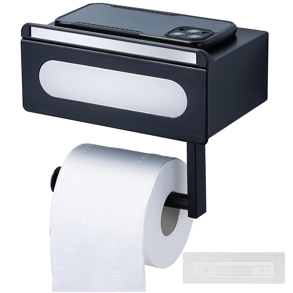 Supvox® Toilet Roll Holder for Bathroom, 3-in-1 Self Adhesive Tissue Roll Paper Holder with Rotating Storage Box, Black ABS Toilet Roll Holders Wall Mounted for Bathroom Washroom