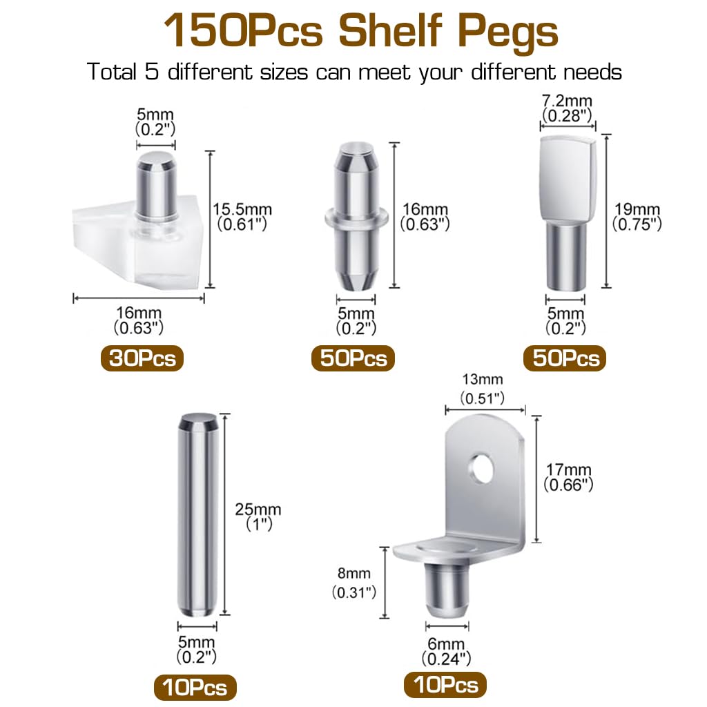 Serplex Shelf Support Kit for Cabinets and Bookshelves featuring 150 Pegs 5mm & 6mm | Nickel-Plated Metal