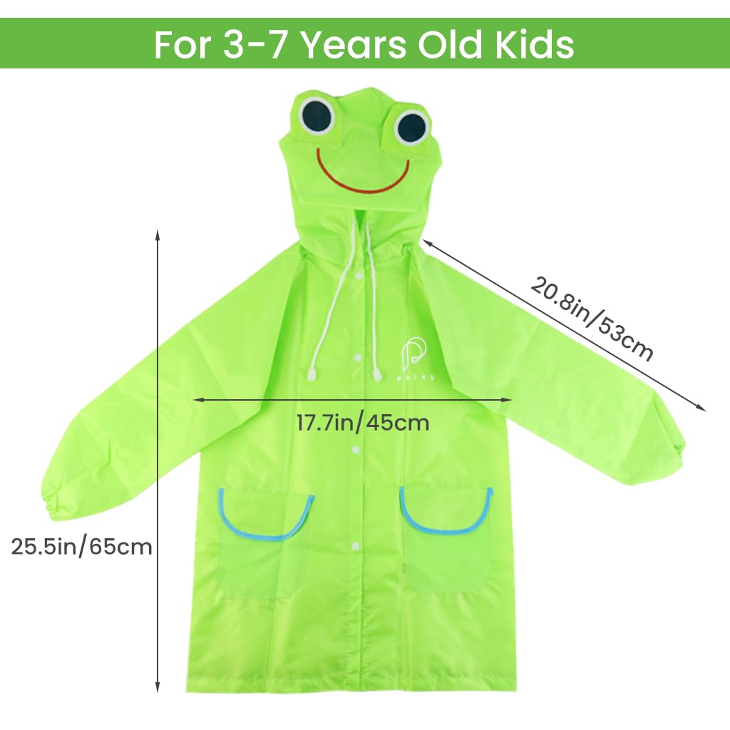 PALAY Raincoat for Kids Boys Girls with Hood, Polyester Rain Ponchos with Pockets and School Bag Coverage, Bright Color Raincoat for 3-7 Years Old Kids (green)