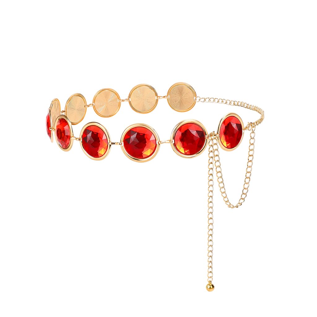 Venzina Belt for Women Dresses with 45.7 in Adjustable Golden Chain featuring Red Rhinestones | Stylish Hip Accessory for Saree and Jeans