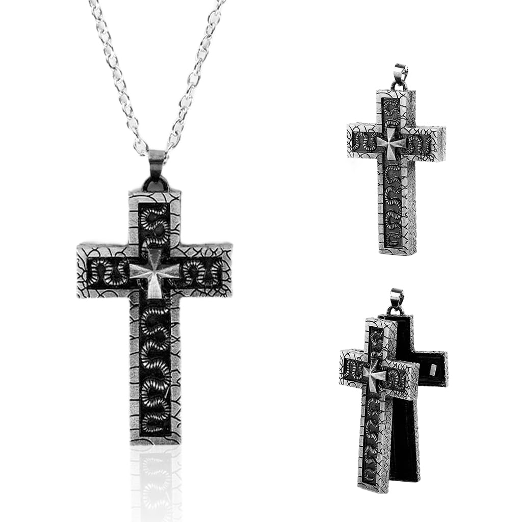 PROBEROS Cross Necklace with Secret Compartment Featuring 3D Carving Metal Design for Men
