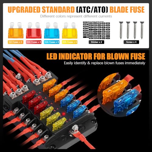 STHIRA® HIRA 12V Car Fuse Box Kit 12-Way Blade Block with LED Indicator Waterproof Compact Design Universal Holder for Auto Truck Boat Includes Plastic Cover Mini Fuses 2PCS