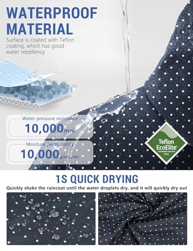 Venzina® Raincoat for Women High Waterproof Hooded Rain Jacket Zip-up Rain Coat Knee-length Lightweight Rainwear Outdoor Rainproof Poncho with Storage Pouch, Stylish Polka Dot Jacket, Navy Blue-L