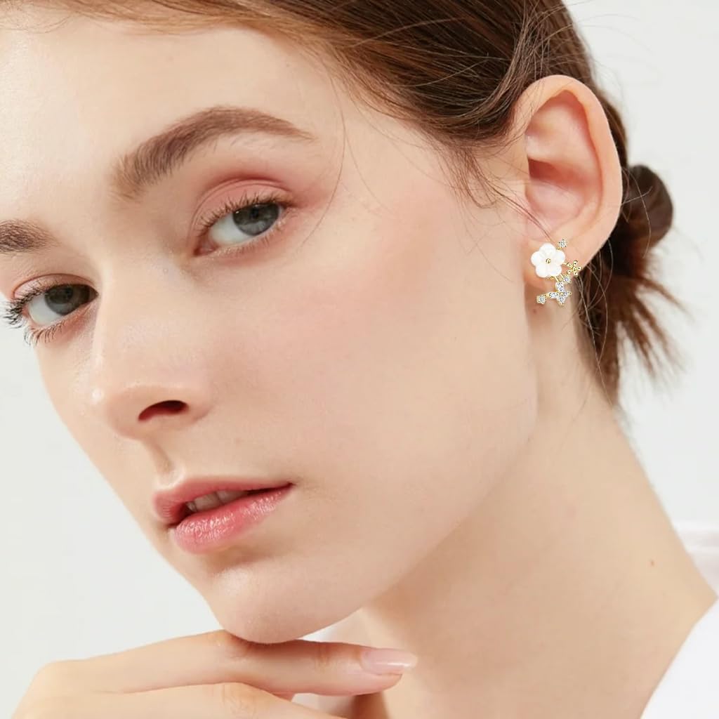 SANNIDHI Dangle Pearl Drop Earrings for Women featuring Floral CZ Charm & 14K Gold Chain