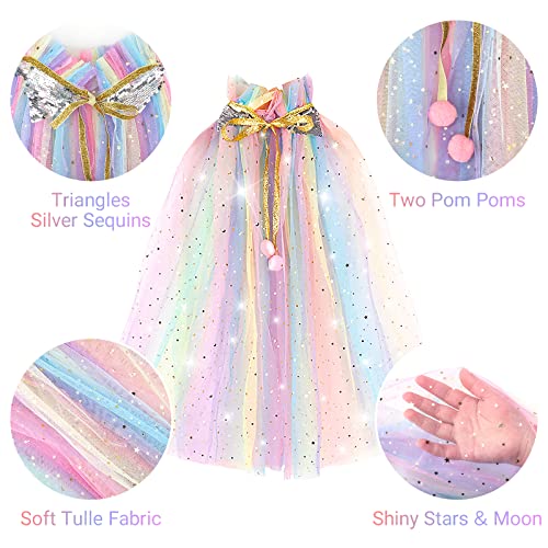 PATPAT® 7Pcs Princess Cape Set Girls Cloak With Tiara Princess Crown,Wand,Necklace,Ring,Earrings,Princess Costumes Dress Up For Girls Fancy Dress Birthday,Party,Halloween Costume,Christmas,Multicolor