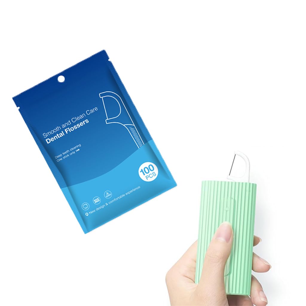 ZIBUYU Portable Dental Floss Dispenser for Travel with Dual Head Design and 100 Refills | Compact Green Case for Hygienic Teeth Cleaning