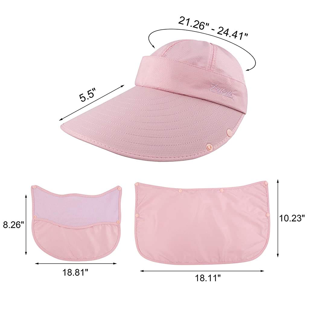 GUSTAVE® Women Sun Protection Bucket Hat UPF 50 Plus Wide Brim 5.5 Inch Beach with Removable Neck Flap Breathable Face Ponytail Opening Adjustable Fit Lightweight Quick Dry Detachable Crown 2 PCS