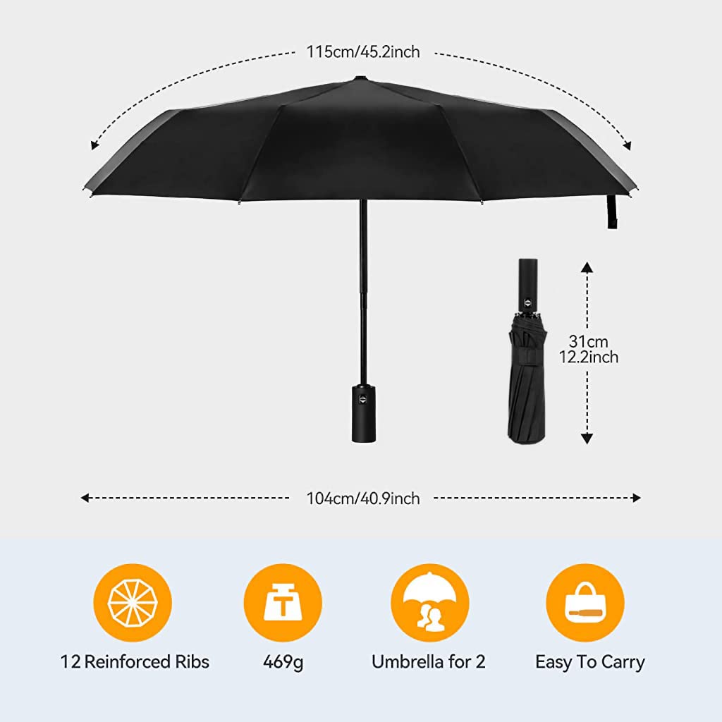 PALAY® Large Windproof Umbrella, Wind Resistant Compact Travel Folding Umbrellas, Ladies Auto Open Close with 12 Reinforced Fiberglass Ribs for Men, Women, Girls (Black)