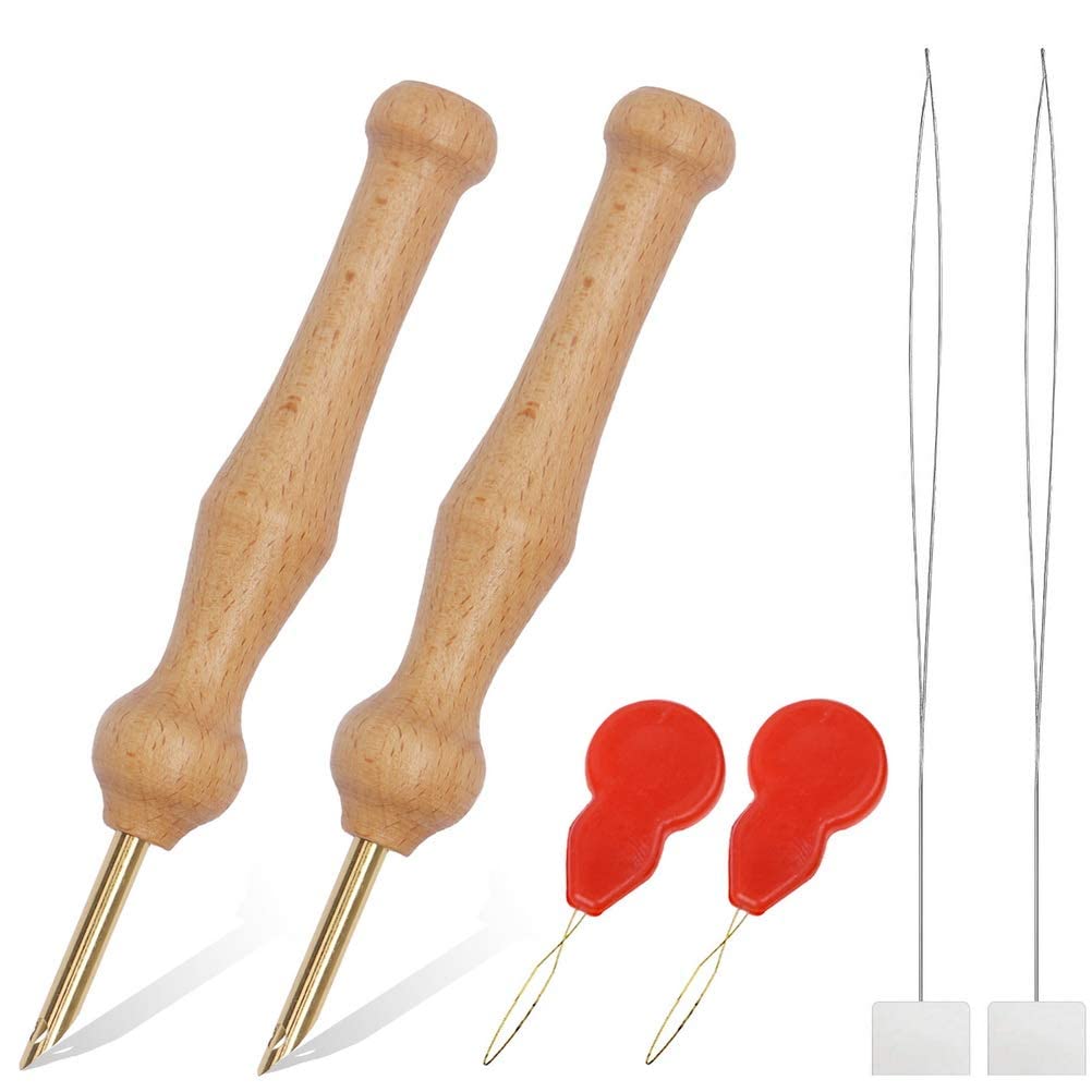 HASTHIP 2 Pack Punch Needle Wooden Embroidery Pen Punch Needle Set Large Punch Needle with Needle Threader for DIY Craft Stitching Applique Embellishment