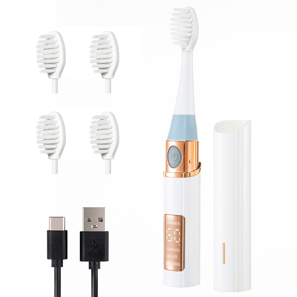 HANNEA® USB Electric Toothbrush Digital Display Ultra-sonic Electric Toothbrush with 3 Modes, with 5 Soft Bristles Brush Heads, Travel Electric Toothbrush with Stand Base & Cap