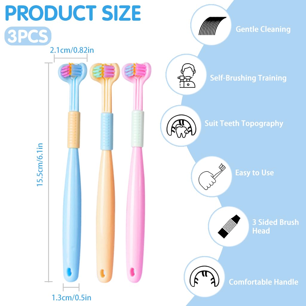 HANNEA Toothbrush for Kids 3 Pcs with Multi Sided Soft Bristles and Tongue Scraper | Gentle Dental Care