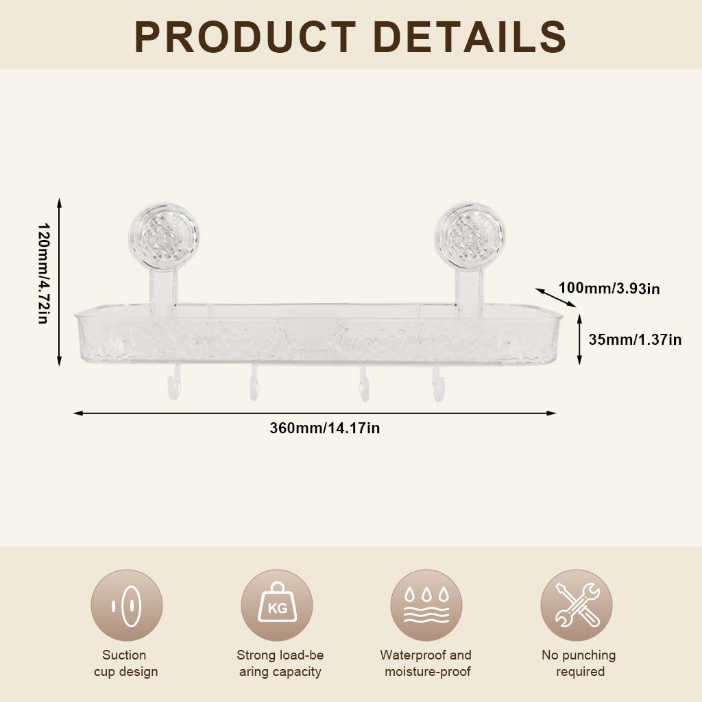 HASTHIP Bathroom Toiletries Organizer Tray for Wall Mount Storage with 4 Hooks and Quick Drainage | Clear Textured 36x10x3.5cm Design
