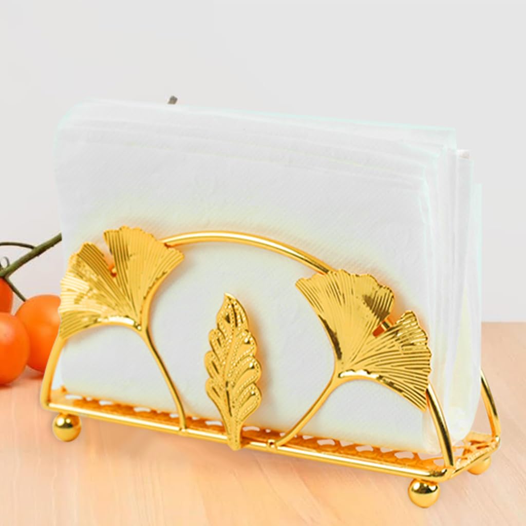 HASTHIP Napkin Holder for Dining Table with Elevated Base Design 13x3x6.5cm | Golden Ginkgo Leaf Metal Ornament