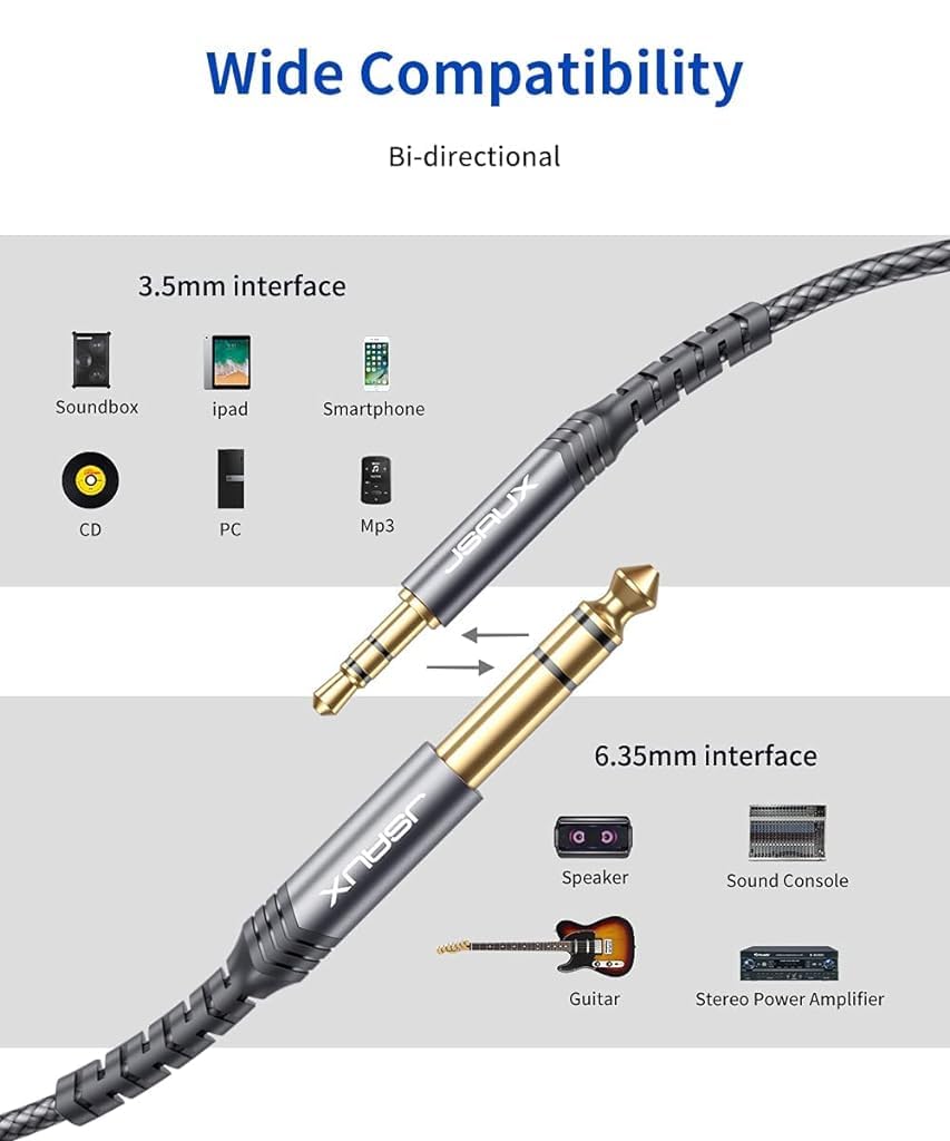 JSAUX 3.5mm to 6.35mm Stereo Audio Cable for Guitar and Speaker featuring 24K Gold Connectors 4ft | Nylon Braided Grey