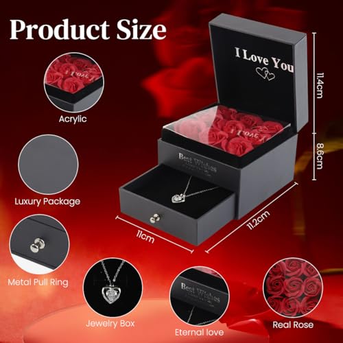 HASTHIP® Gifts For Girlfriend, Wife, 9-Piece Preserved Red Rose with I Love You Necklace Eternal Flowers Rose for Mom Wife Girlfriend on Mothers Day Valentines Birthday Anniversary Romantic Gifts