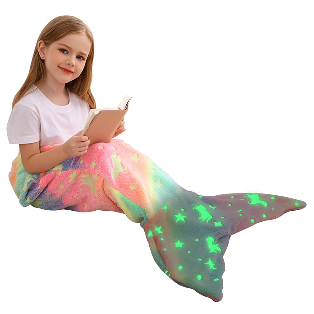 SNOWIE SOFT® Mermiad Tail Blanket For Kids, Flannel Cartoon Soft Blanket Glow In The Dark Kids Blanket Dreamy Travel Blanket Fish Tail Mermaid Blanket For Girls  -Birthday Gift For Girls Kids