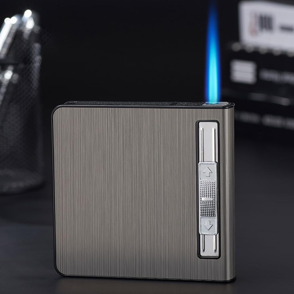 HASTHIP Cigarette Case with Refillable Torch Lighter for Daily Use featuring Brushed Aluminum Alloy Holds 20 Cigarettes