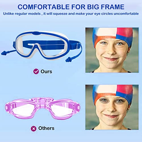 Proberos® Swimming Goggles for Kids with Ear Plugs, Big Frame Leakproof Swimming Goggles for Children Kids, Professional Swim Goggles with Anti Fog and UV Protection for Boys Girls for Age 2-16(Blue)