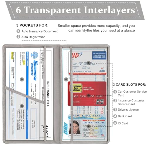 STHIRA® 2 Pack Grey Car Registration & Insurance File Holder Bifold PU Leather Documents Bag With 6 Compartments Vehicle Receipt Organizer, Drive License & Cash Pouch for Cycling