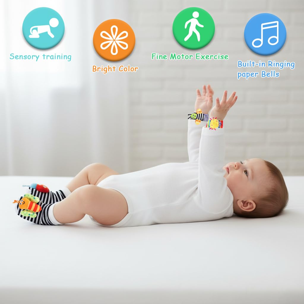 SNOWIE SOFT Baby Rattle Socks Set with Wristband Plush Toys for Infant Sensory Play