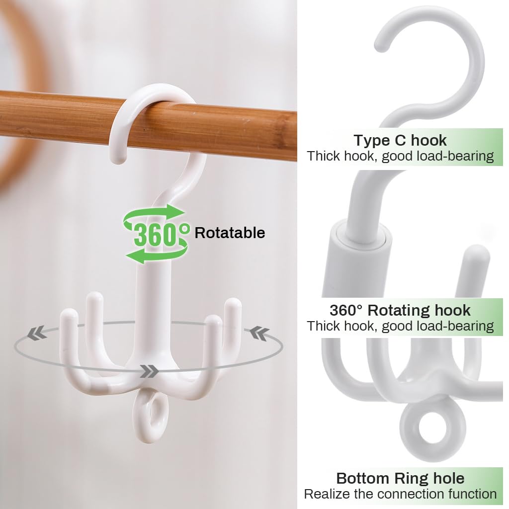 ZIBUYU Closet Hanging Organizer Hangers for Clothes and Accessories featuring 360 Degree Rotatable 4 Claw Hooks | White 2 Pcs Set