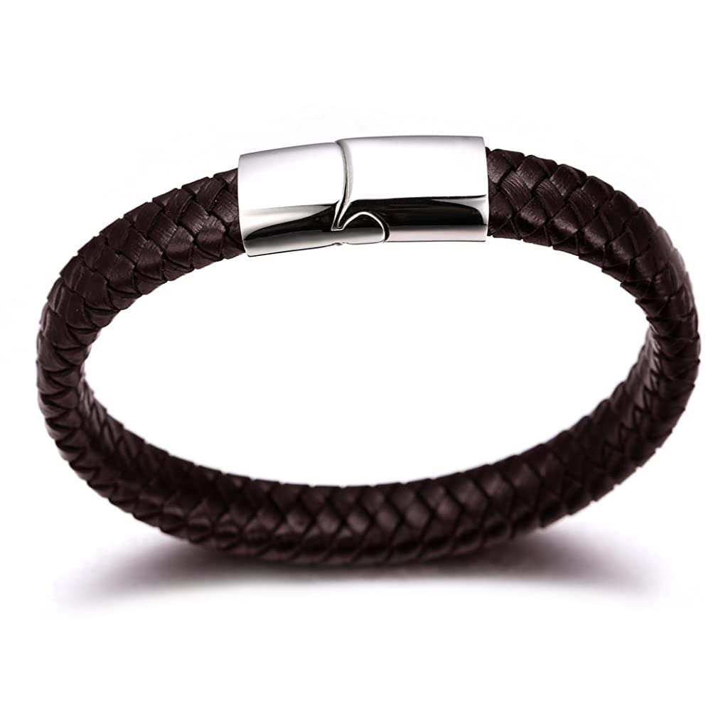 Zibuyu Bracelet for Men with Magnetic Clasp and Braided Genuine Leather 8.46 in Brown | 3 Pcs Set