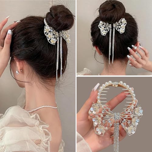 Venzina® Bow Hair Clip for Women Stylish Pearl Tassel Hair Bun Accessories for Women and Girls Tassel Hair Buns Claw Clip for Women Hair Accessories for Bride, Wedding, Daily, Party