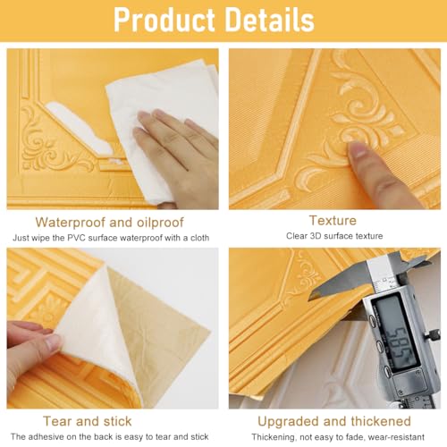 HASTHIP 5Pcs 3D Foam Wallpaper Wall Panels - Golden Vintage Embossing 3.5cm Thicken PE Foam Anti-Scratches Waterproof Self-Adhesive Wall Protector for Bedroom & Living Room, 27.56x35.43 Inches