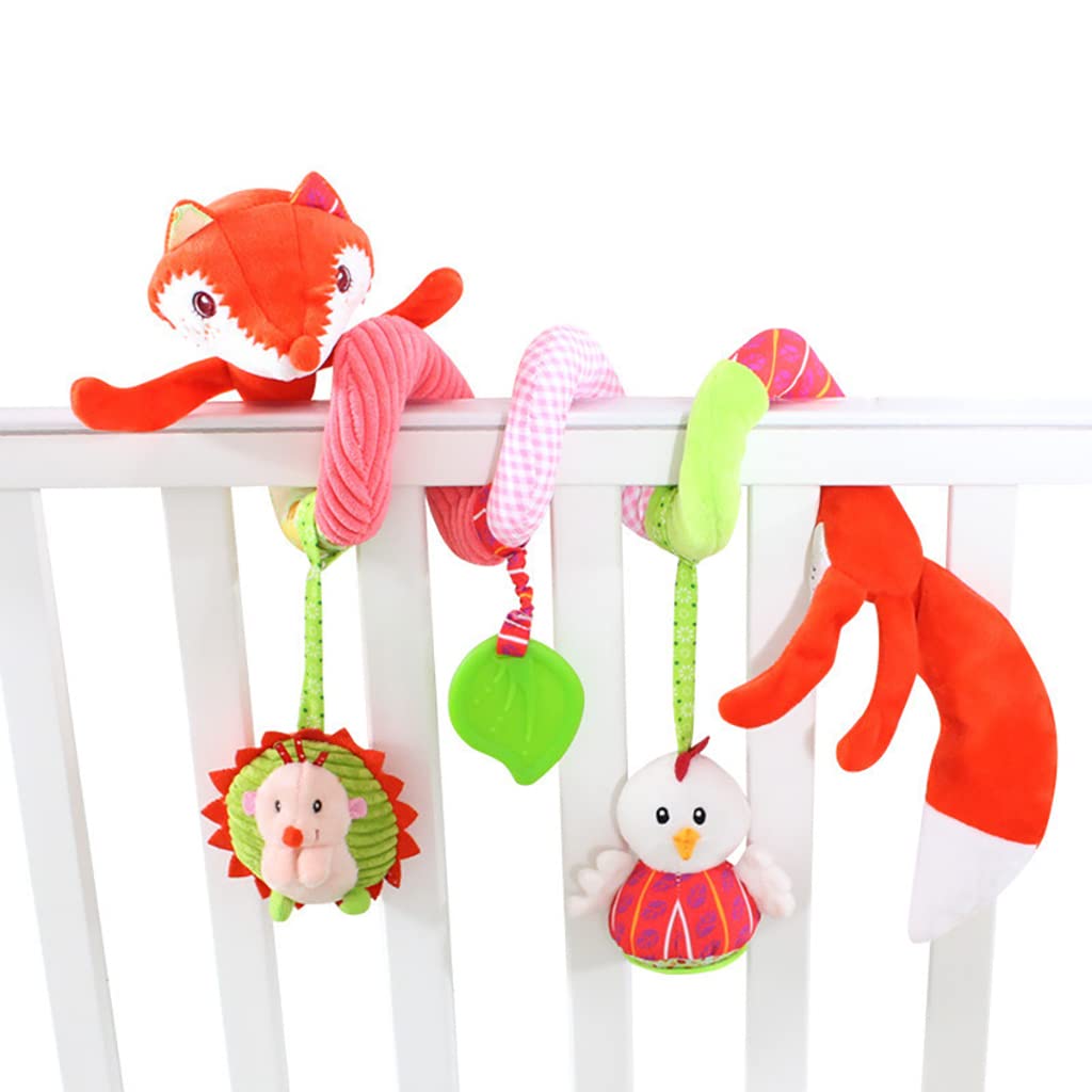 SNOWIE SOFT Baby Soft Hanging Toy, Car Seat Stroller Toys with Teethers Fox Hanging Rattle Crinkle Squeaky Sensory Toys Hedgehog Hanging Toys for Babies 0-12 Months Gifts for Newborn Boys Girls