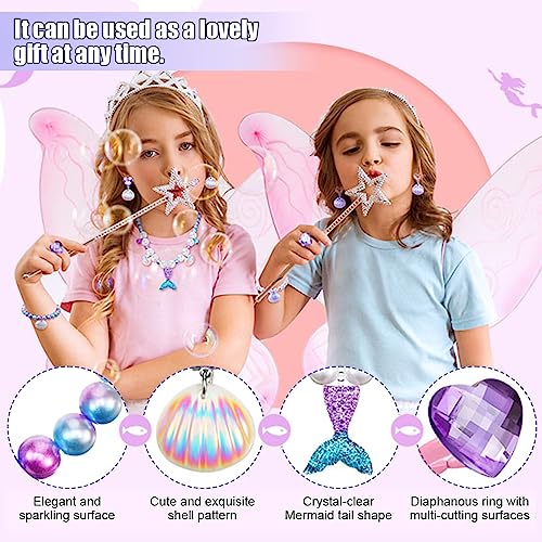 Venzina® Kids Jewellery Set for Girls, Mermaid Princess Crown, Necklace, Bracelet, Earrings and Ring Set, Mermaid Theme Party Dress up Jewelry Gift for Girls 4-12 Years Old