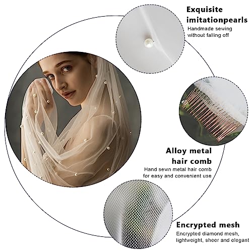 PALAY® Women's 2.3M Lace Veil For Bride Adorned With Pearls Cowl Pure White Wedding Hair Accessories Headwear 2PCS