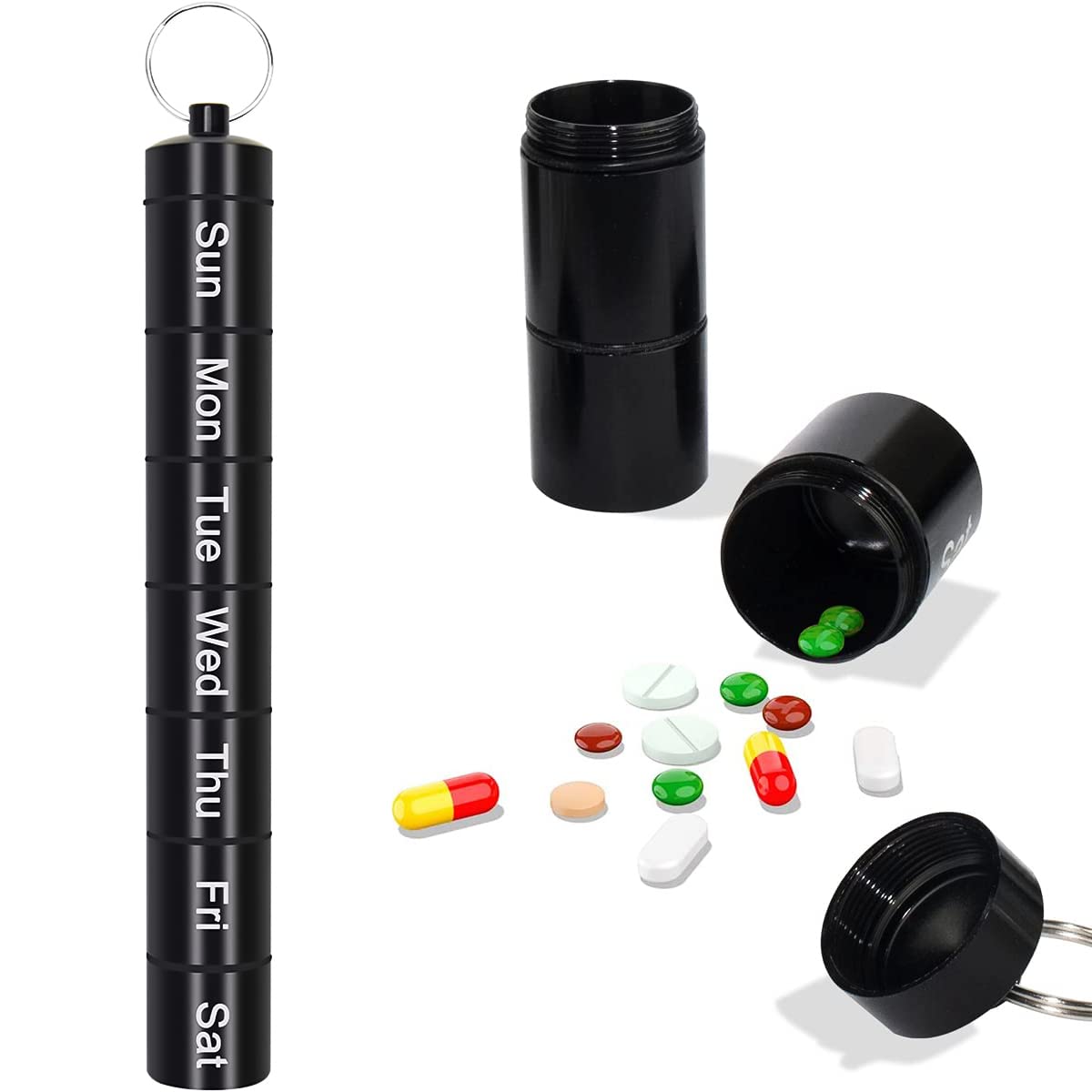 HANNEA Metal Pill Box Organizer for 7 Days with Pen Shape Design and Waterproof Keychain | Aluminum Alloy Travel Medicine Case