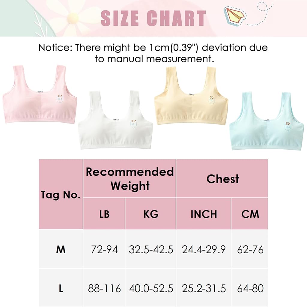 PALAY® 4Pack Training Bras for Teen Girls 8-14 Seamless Cotton Bralettes Sports Vest Girls Sports Bra, L