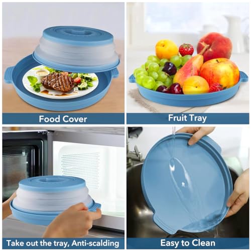 HASTHIP® Polypropylene 10.5 Inch Microwave Plate Cover Tray Collapsible Food Lid with Top Steam Vent Bpa Free Safe Material Blue 3PCS